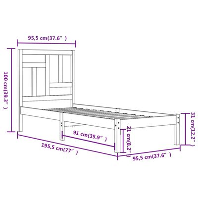 vidaXL Cadru de pat single, negru, 90x190 cm, lemn masiv de pin