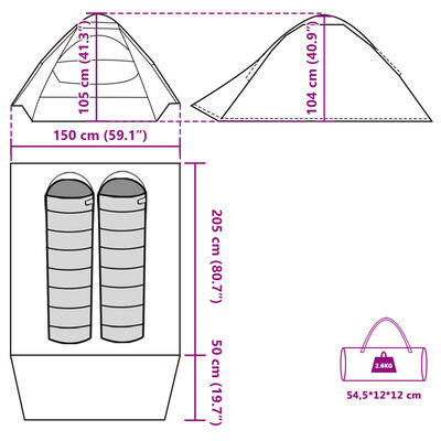 vidaXL Cort de camping cupolă pentru 2 persoane, verde, impermeabil