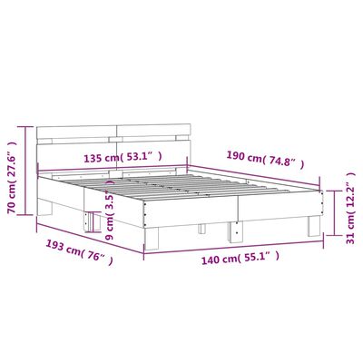 vidaXL Cadru de pat cu tăblie și LED, stejar maro, 135x190 cm