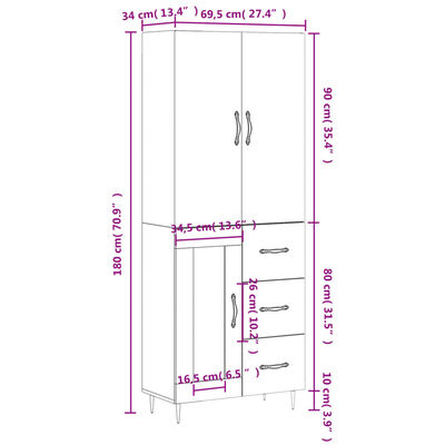 vidaXL Dulap înalt, alb, 69,5x34x180 cm, lemn compozit