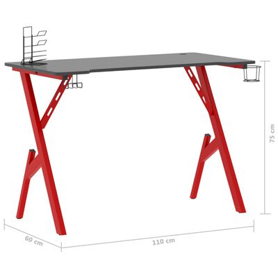 vidaXL Birou de gaming cu picioare formă Y, negru/roșu, 110x60x75 cm