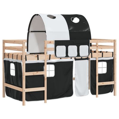 vidaXL Pat etajat de copii cu tunel alb/negru 90x200 cm lemn masiv pin