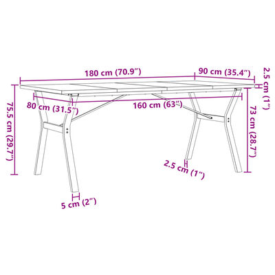 vidaXL Masă bucătărie, cadru Y, 180x90x75,5 cm lemn masiv pin și fontă