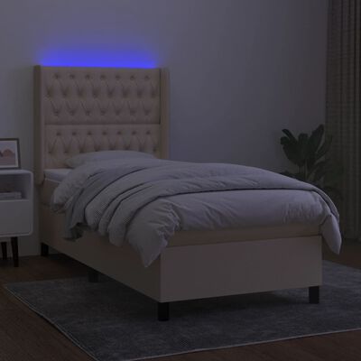 vidaXL Pat cu arcuri, saltea și LED, crem, 90x190 cm, textil