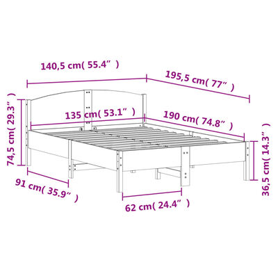 vidaXL Cadru de pat fără saltea, alb, 135x190 cm, lemn masiv de pin