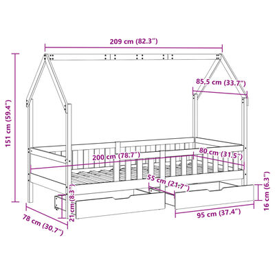 vidaXL Cadru pat copii cu sertare, 80x200 cm, lemn masiv de pin