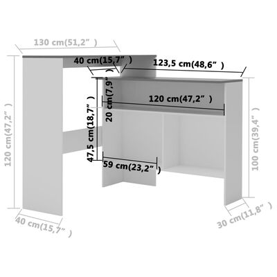 vidaXL Masă de bar cu 2 blaturi, alb și gri, 130x40x120 cm