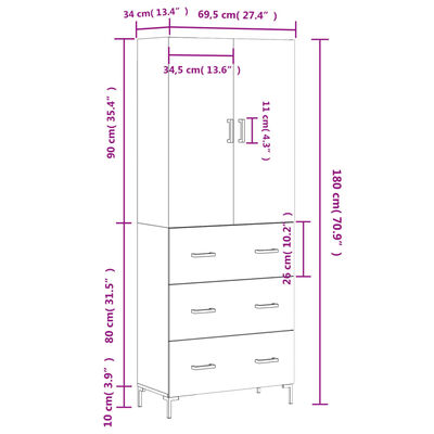 vidaXL Dulap înalt, gri sonoma, 69,5x34x180 cm, lemn compozit