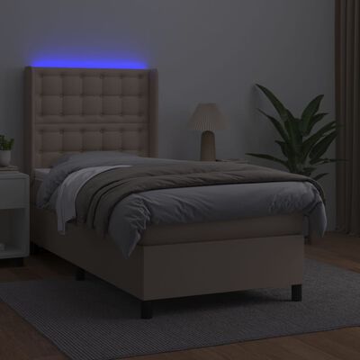 vidaXL Pat cu arcuri, cu saltea și LED, cappuccino 90x200 cm piele eco