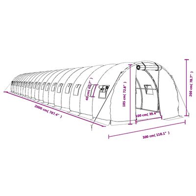 vidaXL Seră cu cadru din oțel, alb, 60 m², 20x3x2 m