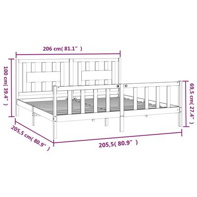 vidaXL Cadru de pat cu tăblie, gri, 200x200 cm, lemn masiv de pin