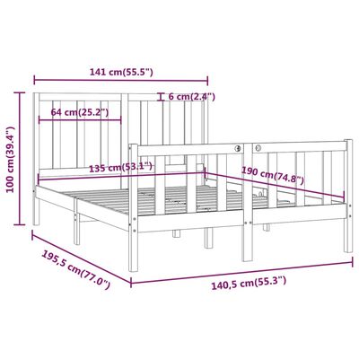 vidaXL Cadru de pat dublu, negru, 135x190 cm, lemn masiv