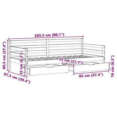 vidaXL Pat de zi cu sertare, 90x200 cm, lemn masiv pin