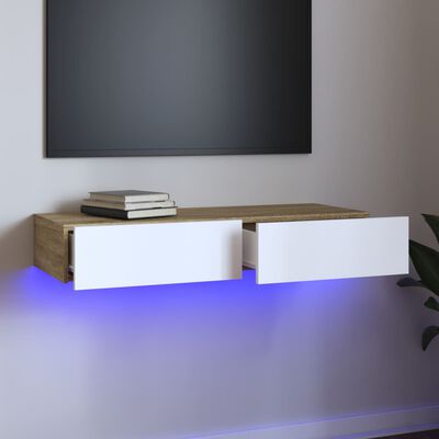 vidaXL Comodă TV cu lumini LED, alb/stejar sonoma, 90x35x15,5 cm