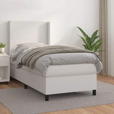 vidaXL Pat box spring cu saltea, alb, 90x200 cm, piele ecologică