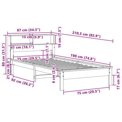 vidaXL Pat cu bibliotecă fără saltea, alb, 75x190 cm, lemn masiv pin