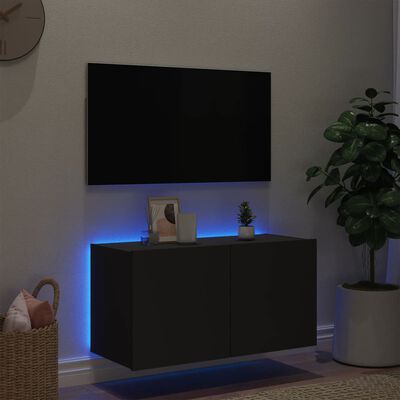 vidaXL Comodă TV de perete cu lumini LED, negru, 80x35x41 cm