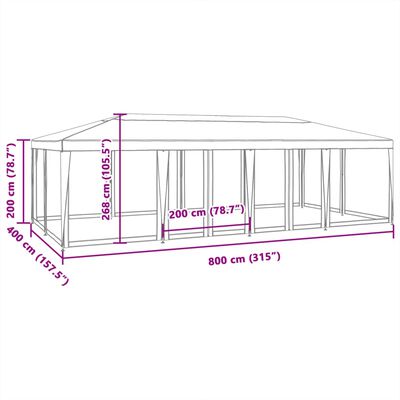 vidaXL Cort de petrecere cu 12 pereți din plasă, alb, 8x4 m, HDPE