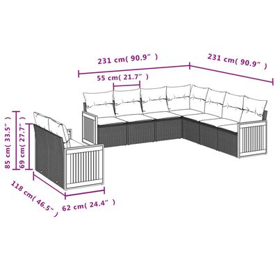 vidaXL Set canapele de grădină, 9 piese, cu perne, gri, poliratan