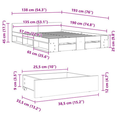 vidaXL Cadru de pat cu sertare, negru, 135x190 cm, lemn prelucrat