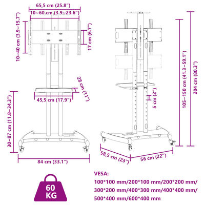 vidaXL Suport TV pe roți ecran de 32-70 inchi Max VESA 600x400 mm 60kg