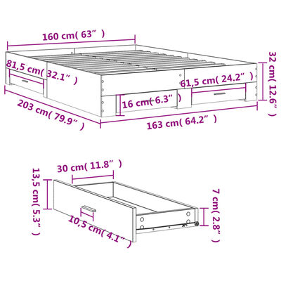 vidaXL Cadru de pat cu sertare, stejar maro, 160x200 cm lemn prelucrat