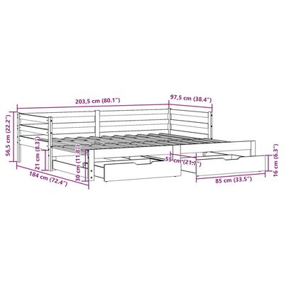 vidaXL Pat de zi cu extensie/sertare, alb, 90x200 cm, lemn masiv pin