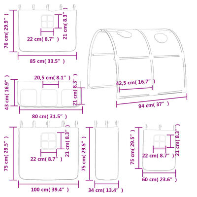 vidaXL Pat etajat de copii cu tunel alb/negru 80x200 cm lemn masiv pin