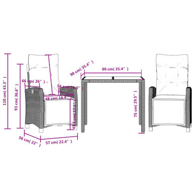 vidaXL Set mobilier de grădină cu perne, 3 piese, negru, poliratan