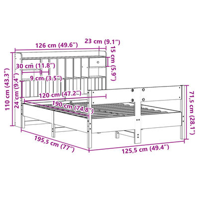 vidaXL Pat cu bibliotecă fără saltea, alb, 120x190 cm, lemn masiv pin