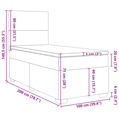 vidaXL Pat box spring cu saltea, gri deschis, 100x200 cm, catifea