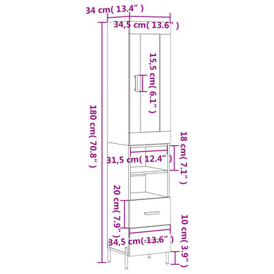 vidaXL Dulap înalt, gri sonoma, 34,5x34x180 cm, lemn prelucrat