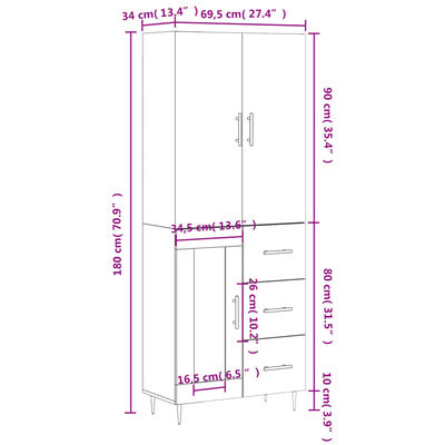 vidaXL Dulap înalt, gri sonoma, 69,5x34x180 cm, lemn compozit