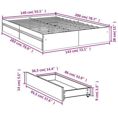 vidaXL Cadru pat cu sertare stejar fumuriu 140x200 cm lemn prelucrat