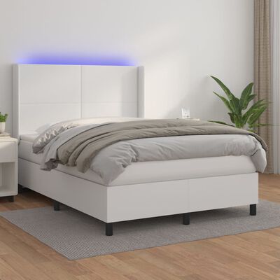 vidaXL Pat cu arcuri, cu saltea și LED, alb, 100x200 cm, piele eco