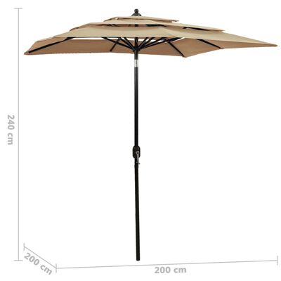 vidaXL Umbrelă de soare 3 niveluri, stâlp de aluminiu, gri taupe 2x2 m
