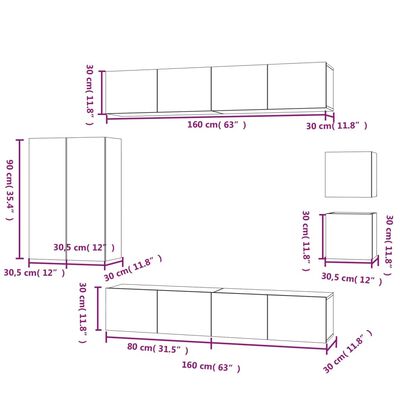 vidaXL Set dulap TV, 8 piese, alb extralucios, lemn prelucrat