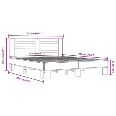 vidaXL Cadru de pat, gri sonoma, 150x200 cm, lemn prelucrat și metal