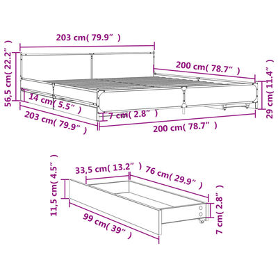 vidaXL Cadru de pat cu sertare gri sonoma 200x200 cm lemn prelucrat