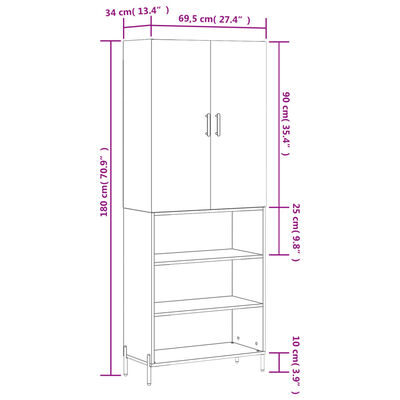 vidaXL Dulap înalt, alb, 69,5x34x180 cm, lemn compozit