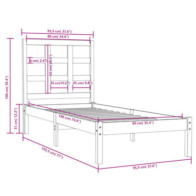 vidaXL Cadru de pat single, negru, 90x190 cm, lemn masiv