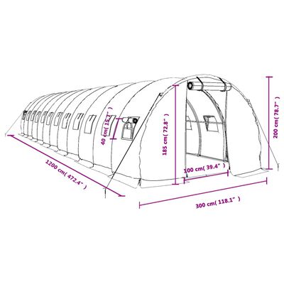 vidaXL Seră cu cadru din oțel, alb, 36 m², 12x3x2 m