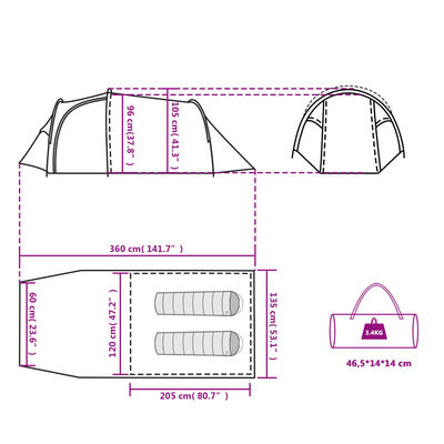 vidaXL Cort de camping tunel pentru 2 persoane, albastru, impermeabil