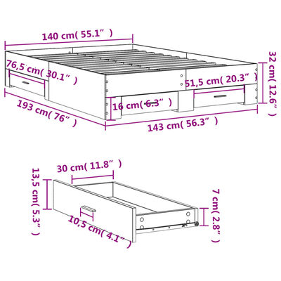 vidaXL Cadru de pat cu sertare, stejar maro, 140x190 cm lemn prelucrat