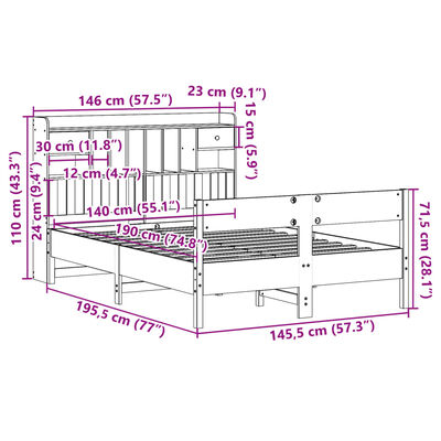 vidaXL Pat cu bibliotecă fără saltea maro 140x190 cm lemn masiv de pin