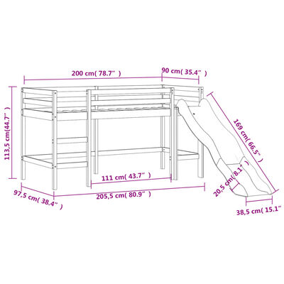 vidaXL Pat pentru copii cu tobogan, 90x200 cm, lemn masiv de pin