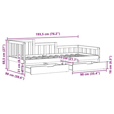 vidaXL Pat de zi cu sertare, alb, 90x200 cm, lemn masiv pin