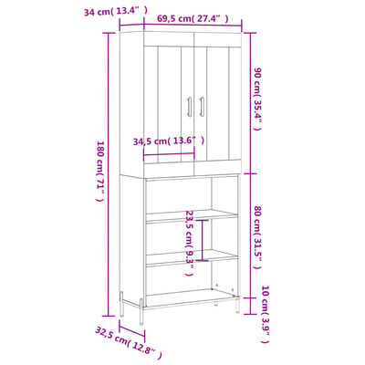 vidaXL Dulap înalt, gri sonoma, 69,5x34x180 cm, lemn compozit