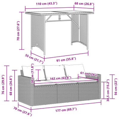 vidaXL Set mobilier de grădină cu perne, 2 piese, negru, poliratan