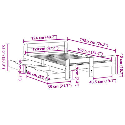 vidaXL Cadru de pat fără saltea, alb, 120x190 cm, lemn masiv pin